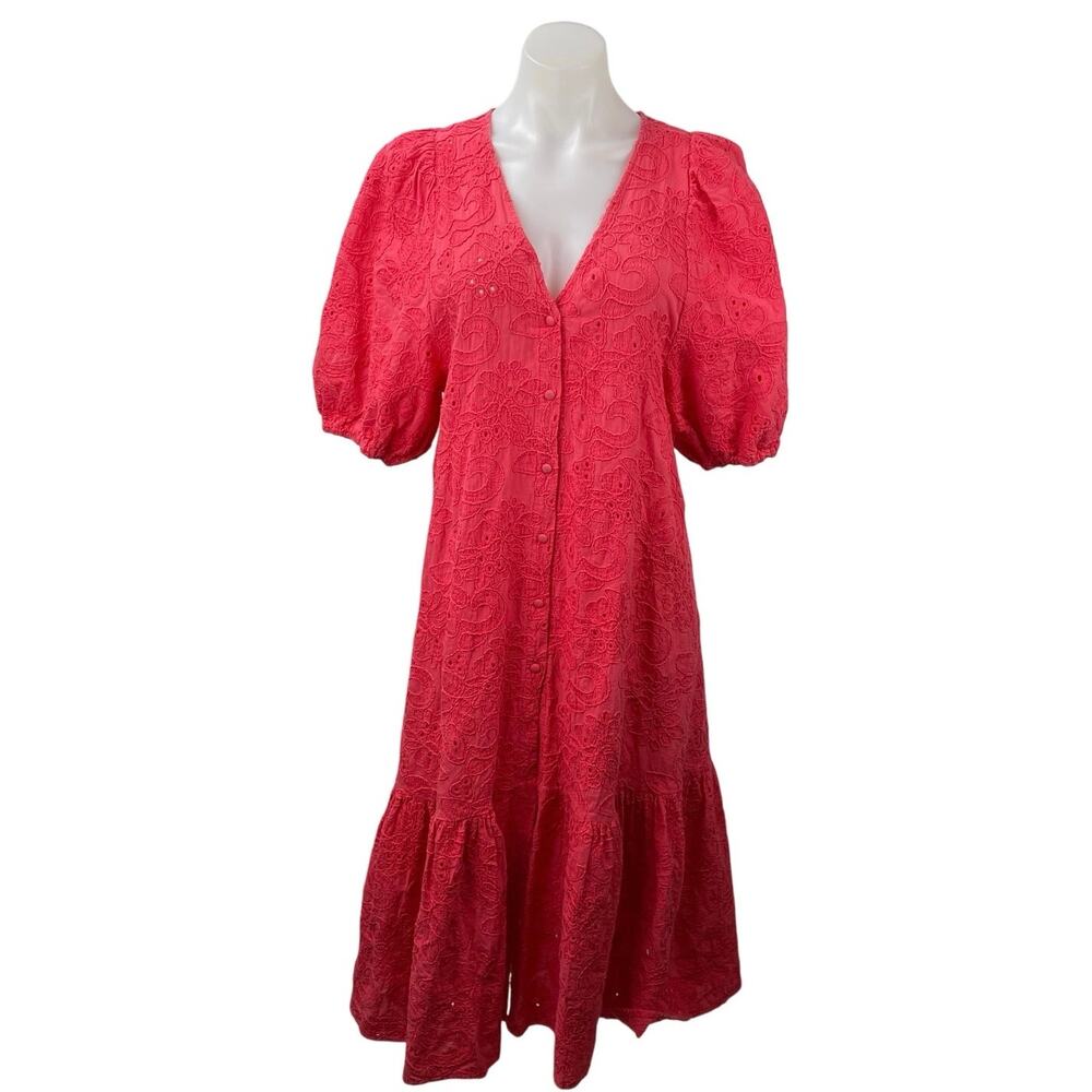 Zara Red Eyelet Midi Dress with Puff Sleeves